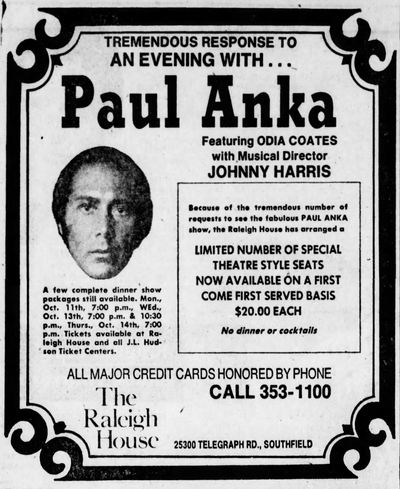 The Raleigh House - Oct 1976 Ad On Paul Anka Appearance